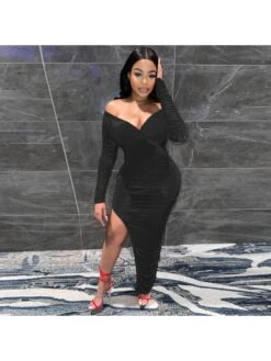 V Neck Split Hem Long Sleeve Long Dress