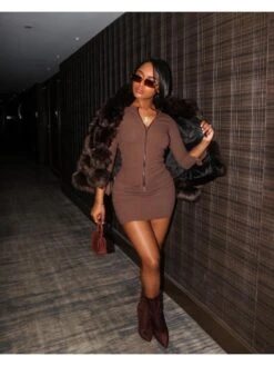 2022 Sexy Zipper Coffee Long Sleeve Dress