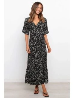 Summer V-Neck Floral Black Short Sleeve Dress