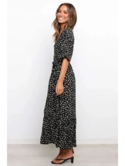 Summer V-Neck Floral Black Short Sleeve Dress -Women's Clothing Shop P 20230131101251714 633