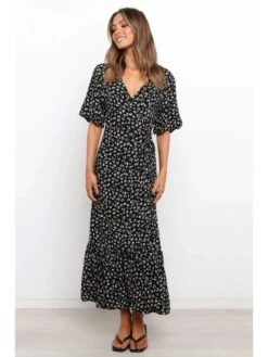 Summer V-Neck Floral Black Short Sleeve Dress -Women's Clothing Shop P 20230131101254016 401