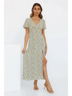 V-Neck Green Floral Split Short Sleeve Dress -Women's Clothing Shop P 20230131152850546 342