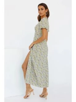 V-Neck Green Floral Split Short Sleeve Dress -Women's Clothing Shop P 20230131152852962 185