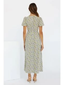 V-Neck Green Floral Split Short Sleeve Dress -Women's Clothing Shop P 20230131152855458 715