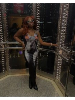 Sexy Body Printed Spaghetti Straps Gray Sleeveless Dress -Women's Clothing Shop P 20230201185850856 848