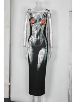 Sexy Body Printed Spaghetti Straps Gray Sleeveless Dress -Women's Clothing Shop P 20230201185853511 279