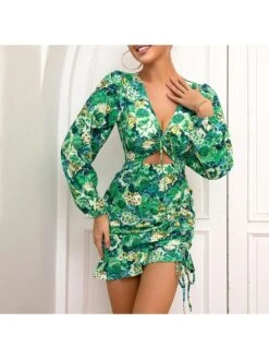 Vintage Green Ruched Puff Sleeve Floral Dress -Women's Clothing Shop P 20230201194148146 395