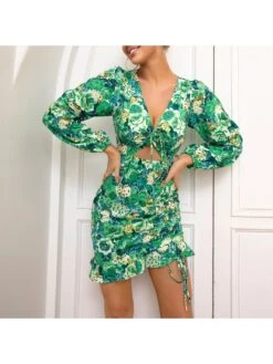 Vintage Green Ruched Puff Sleeve Floral Dress -Women's Clothing Shop P 20230201194150517 605