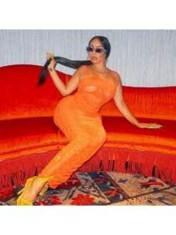 Ruched See-through Sleeveless Spaghetti Straps Maxi Dress