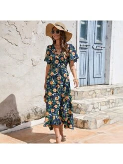 Beach V Neck Royal Blue Short Sleeve Dress