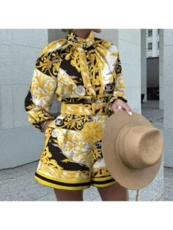 Printed Puff Sleeve Blouse And Short Dress