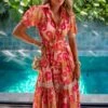 Red Printed Short Puff Sleeve Bohemian Maxi Dress -Women's Clothing Shop P 20230208094347083 338