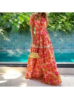 Red Printed Short Puff Sleeve Bohemian Maxi Dress -Women's Clothing Shop P 20230208094349578 432