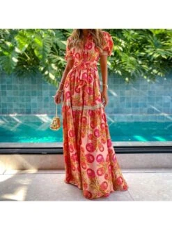 Red Printed Short Puff Sleeve Bohemian Maxi Dress -Women's Clothing Shop P 20230208094351928 921