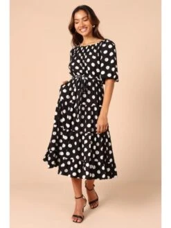 2023 Black Crew Neck Polka Dots Short Sleeve Dress