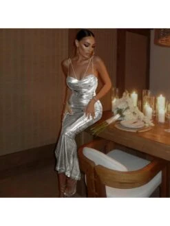 2023 Sexy Backless Silvery Ladies Sleeveless Long Dress