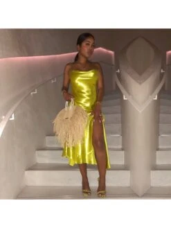Gold Yellow Spaghetti Straps Slit Dress