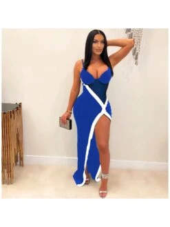 See Through Color Block Patchwork Sleeveless Slit Maxi Dress