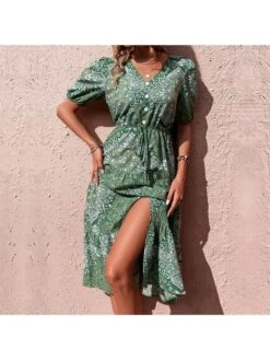 Boho Style Paisley V Neck Puff Sleeve Ruffles Dress -Women's Clothing Shop P 20230301124124590 704