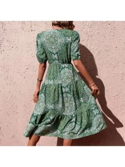 Boho Style Paisley V Neck Puff Sleeve Ruffles Dress -Women's Clothing Shop P 20230301124126984 570