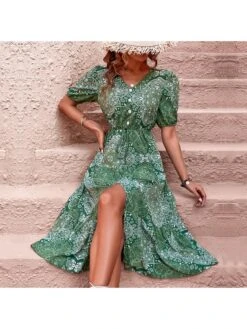 Boho Style Paisley V Neck Puff Sleeve Ruffles Dress -Women's Clothing Shop P 20230301124129284 593
