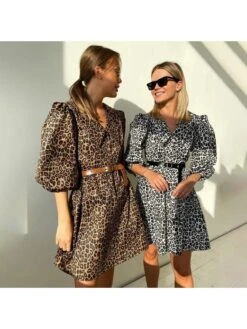 Fall Puff Sleeve Leopard Women Dress