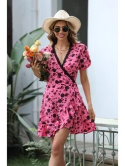 Red Flower Printed V Neck Puff Sleeve Dress -Women's Clothing Shop P 20230304175424569 687