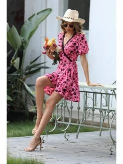 Red Flower Printed V Neck Puff Sleeve Dress -Women's Clothing Shop P 20230304175426926 295