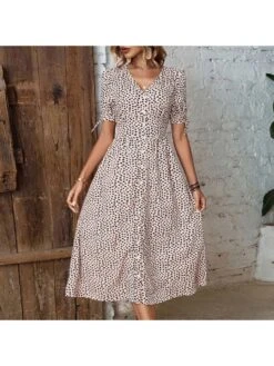 2023 Summer Leopard Print Apricot Short Sleeve Dress