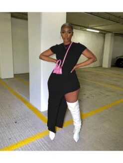 Asymmetry Plain Women Short Sleeve T Shirt Dress