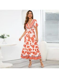Vacation V Neck Summer Short Sleeve Floral Maxi Dress -Women's Clothing Shop P 20230315113007682 280