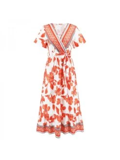 Vacation V Neck Summer Short Sleeve Floral Maxi Dress -Women's Clothing Shop P 20230315113014800 884
