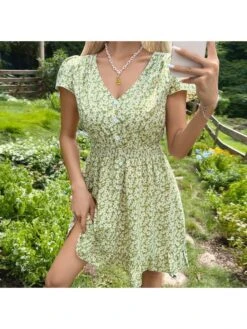V Neck Green Floral Backless Short Dress -Women's Clothing Shop P 20230315165305625 652