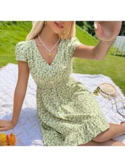 V Neck Green Floral Backless Short Dress -Women's Clothing Shop P 20230315165307997 501