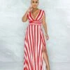 2023 Striped Printed Short Sleeve Slit Maxi Dress