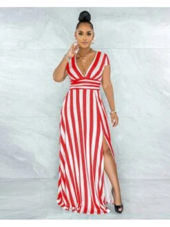 2023 Striped Printed Short Sleeve Slit Maxi Dress