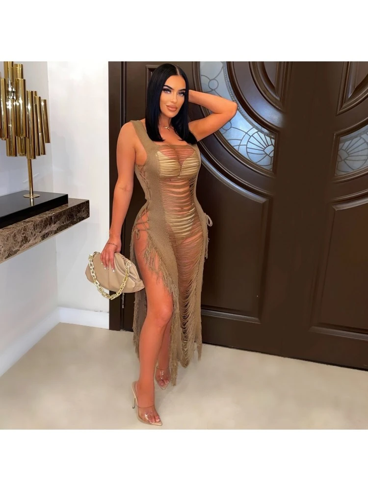 2023 Sexy See Through Ripped Tassel Sleeveless Dress 3 2023 Sexy See Through Ripped Tassel Sleeveless Dress