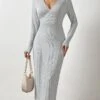 Elegant V Neck Gray Long Sleeve Dress