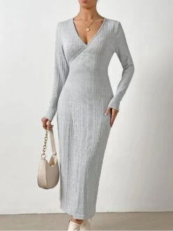 Elegant V Neck Gray Long Sleeve Dress