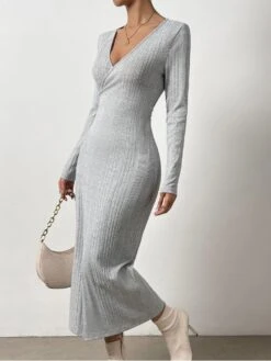 Elegant V Neck Gray Long Sleeve Dress -Women's Clothing Shop P 20230317152308879 945