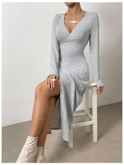 Elegant V Neck Gray Long Sleeve Dress -Women's Clothing Shop P 20230317152311396 676