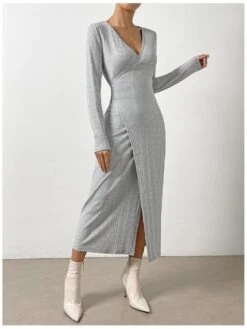 Elegant V Neck Gray Long Sleeve Dress -Women's Clothing Shop P 20230317152313660 607