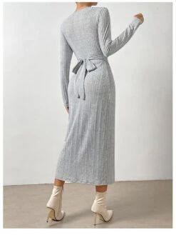 Elegant V Neck Gray Long Sleeve Dress -Women's Clothing Shop P 20230317152315924 376
