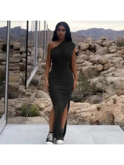 Women's Slim Split Slant Shoulder Sleeveless Long Dress