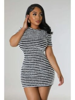 Women's Slim Black Striped Short Sleeve Dress -Women's Clothing Shop P 20230404174231670 440