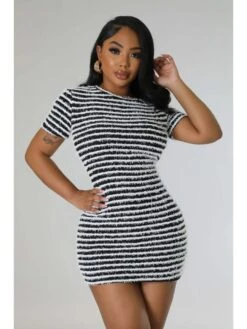 Women's Slim Black Striped Short Sleeve Dress -Women's Clothing Shop P 20230404174234186 460