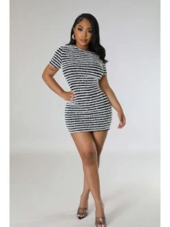 Women's Slim Black Striped Short Sleeve Dress -Women's Clothing Shop P 20230404174236650 935
