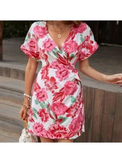 Summer Sweet V Neck Printing White Short Sleeve Dress -Women's Clothing Shop P 20230410181424903 361