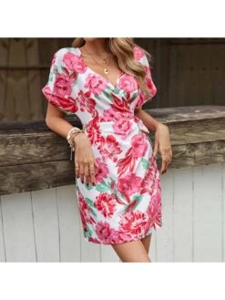 Summer Sweet V Neck Printing White Short Sleeve Dress -Women's Clothing Shop P 20230410181427164 619