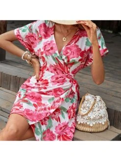 Summer Sweet V Neck Printing White Short Sleeve Dress -Women's Clothing Shop P 20230410181429415 693